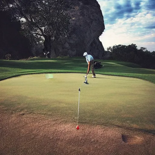 Prompt: “ a photo of a man playing extremely dangerous golf on an alien planet ”