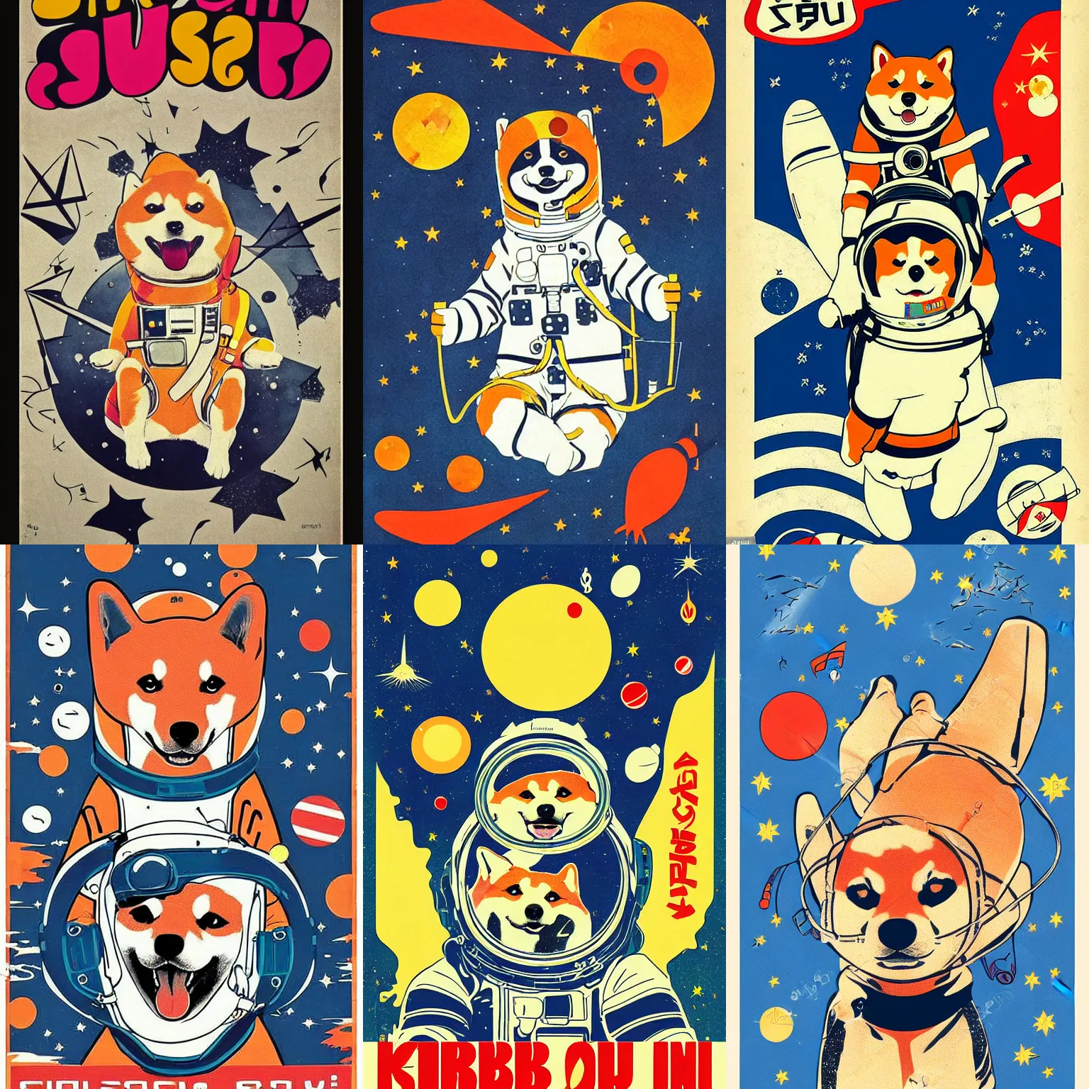 Prompt: Shiba Inu cosmonaut, 60s poster, in the style of a music poster 1960s