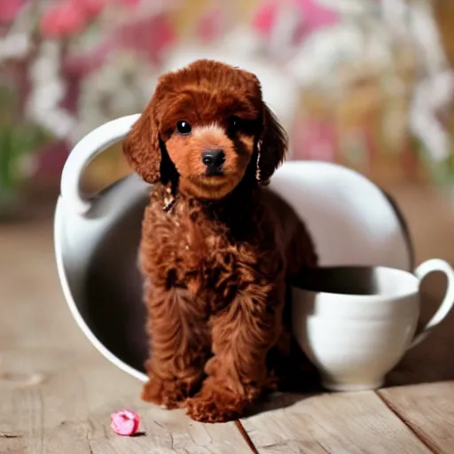 Image similar to very realistic cute brown poodle puppy sitting inside a tea cup