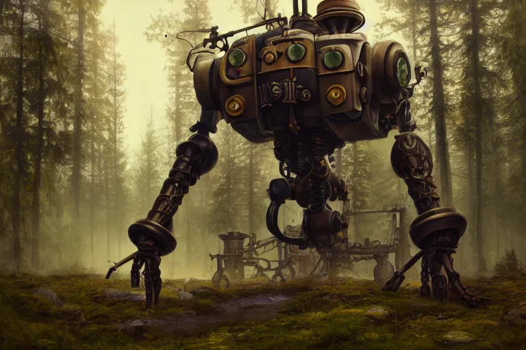 Image similar to steampunk mech standing in a swedish forest, very low angle photograph, very detailed, trending on artstation, realistic, soft colors, simon stålenhag