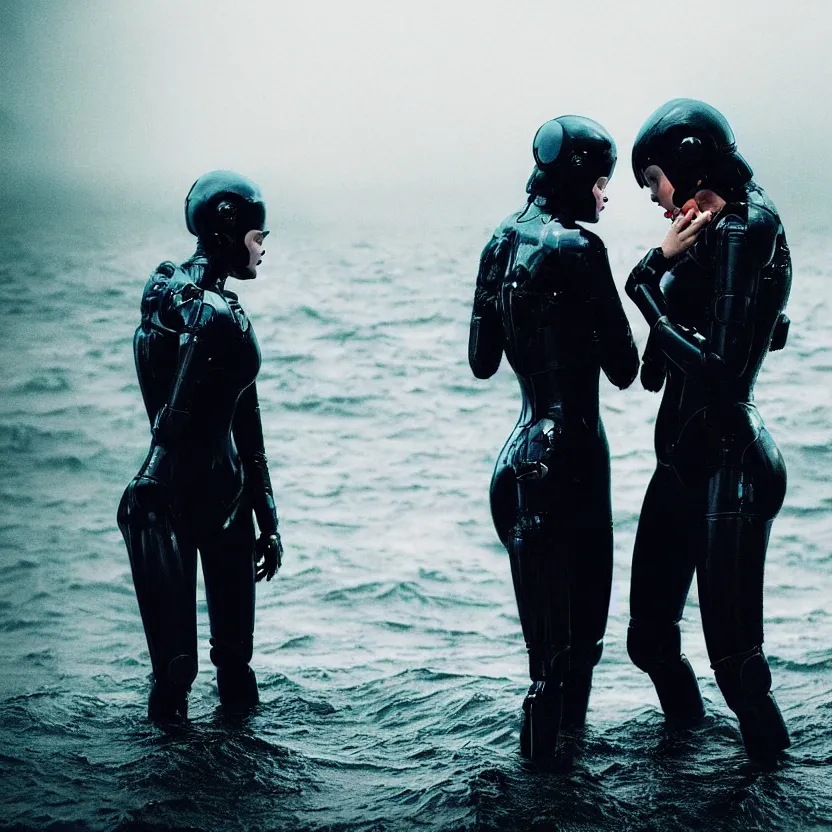 Prompt: cinestill 5 0 d candid photographic portrait by christopher nolan of two loving female androids sobbing wearing rugged black mesh techwear in treacherous waters, flooded city, helicopter, medium closeup, modern cyberpunk moody emotional cinematic, pouring iridescent rain bright spotlight, 8 k, hd, high resolution, 3 5 mm, f / 3 2, ultra realistic faces, ex machina