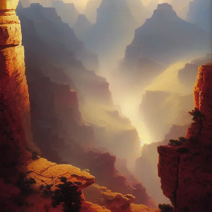 Prompt: a beautiful painting of a grand canyon by ivan aivazovsky and ferdinand knab and rhads and greg rutkowski, in style of digital art. hyper detailed, sharp focus, soft light. octane render. ray tracing. trending on artstation