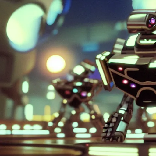 Prompt: 3 d rendered movie still shiny pearlescent robots ( ( cat ) ) in epic space battles and disco dance contests, they vacation on saturn. science fiction blockbuster movie, imax 7 0 mm. bladerunner, wall - e