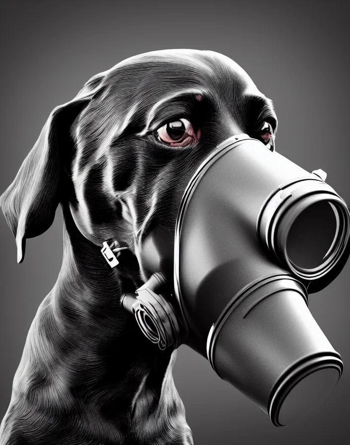 Image similar to photo of all black wiener dog wearing a gas mask. Trending on artstation, award winning. Octane render, 4k, 8k, unreal 5, very detailed, hyper control-realism, depth of field.