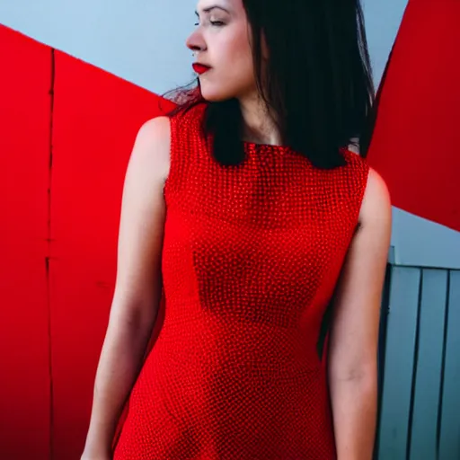 Image similar to a girl wearing a red dress, geometric shapes, high contrast