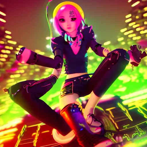 Prompt: a girl like (jinx, Princess peach), dancing, background jet ground radio, kpop, fullshot, raytrayced, octane render,volumetric lighting, epic composition, intricate details, dark neon punk, by KDA