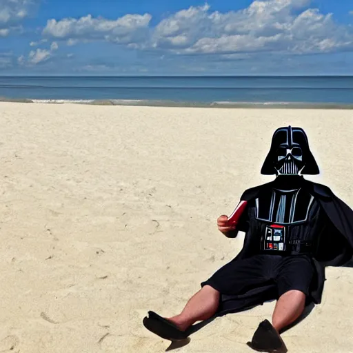 Prompt: darth vader sunbathing in the beach while reading