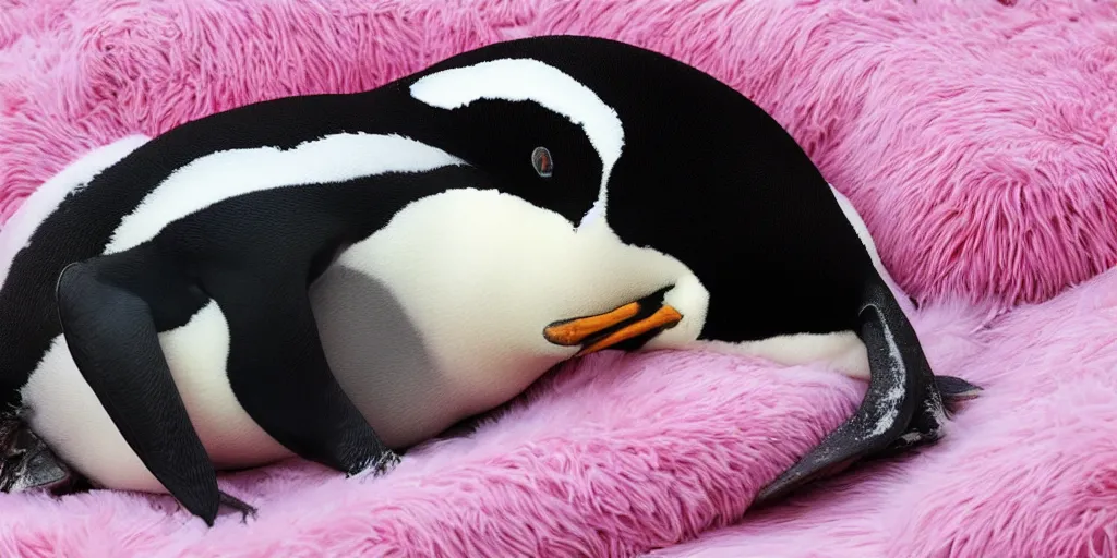 Image similar to realistic penguin sleeping in a pink fluffy bed