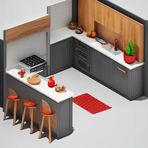 Image similar to isometric mini chubby kitchen, c 4 d style, 1 0 0 mm, depth of field, octane render, studio lighting