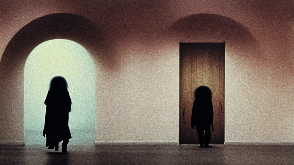 Prompt: photo from distance of a black man with long curly hair, carrying a electric guitar, walking out of from the past door, film still from the movie directed by Denis Villeneuve with art direction by Zdzisław Beksiński, wide lens