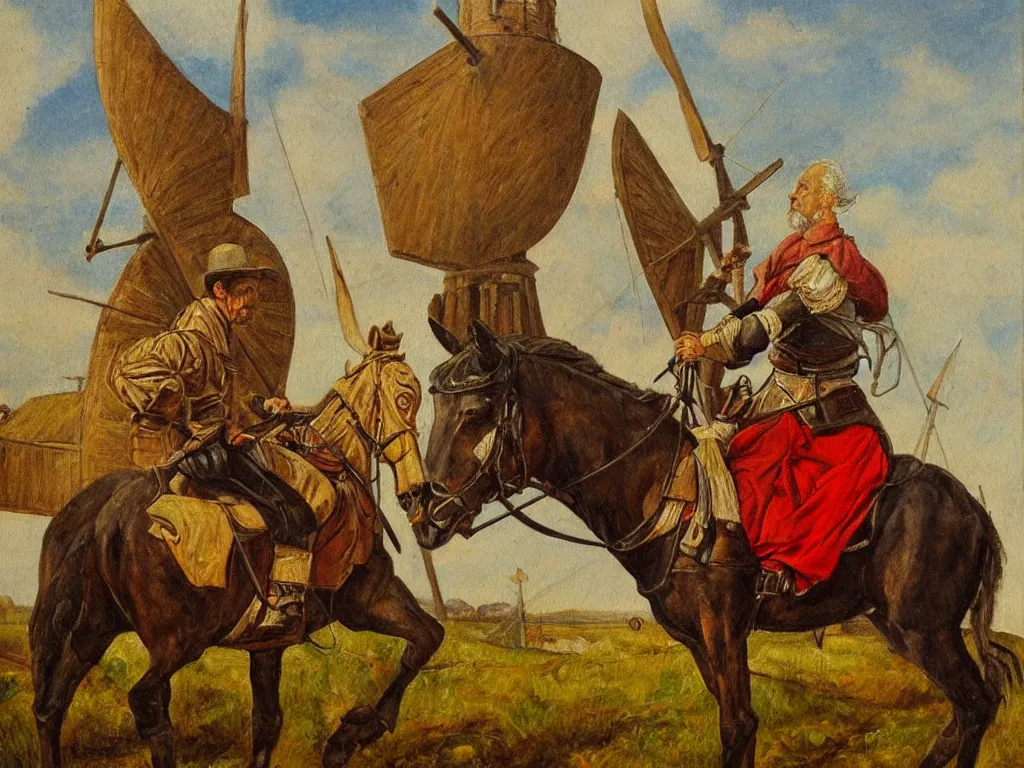 Image similar to portrait of a don don quixote, windmill, realism, oil painting, highly detailed, pre - raphaelite style