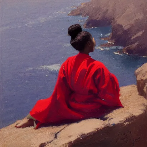 Image similar to black girl with a bun, in a red kimono, backview, sitting on edge of cliff, by jeremy lipking, tim rees, joseph todorovitch