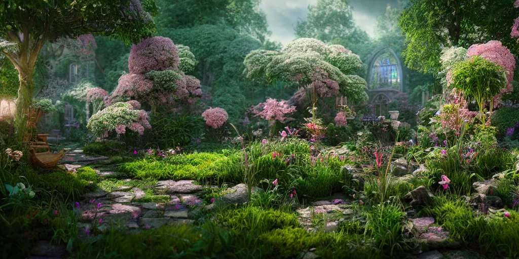 Image similar to in an ethereal magical garden, highly detailed, 8 k, hdr, award - winning, octane render, artstation