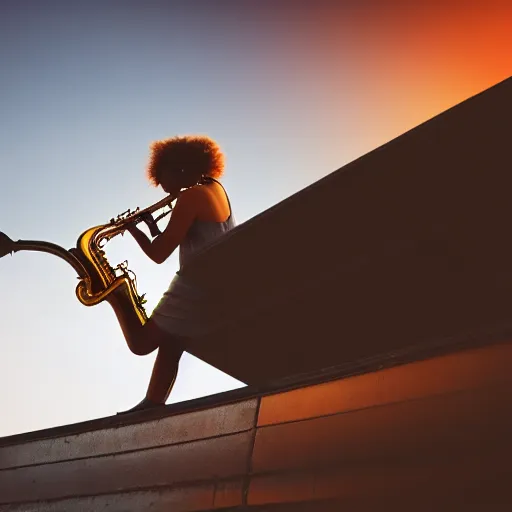 Image similar to a woman playing the saxophone on the roof of a building while it's raining, photo, golden hour