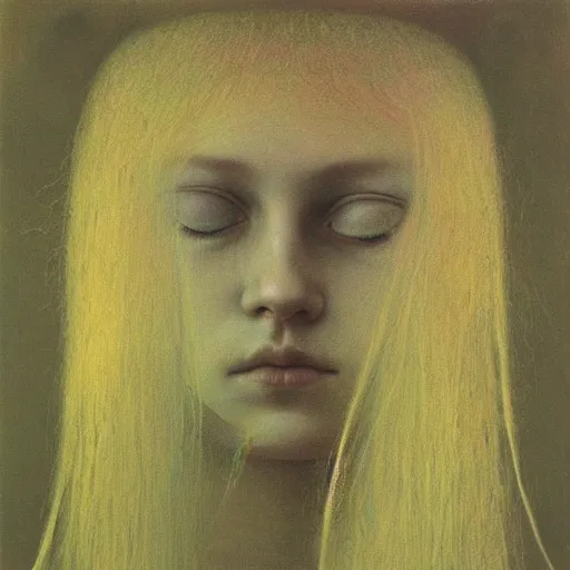 Prompt: portrait painting of teenage female queen by Beksinski, she is pale with long golden hairs. She has golden diadem