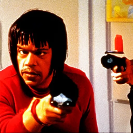 Prompt: elmo as jules in pulp fiction