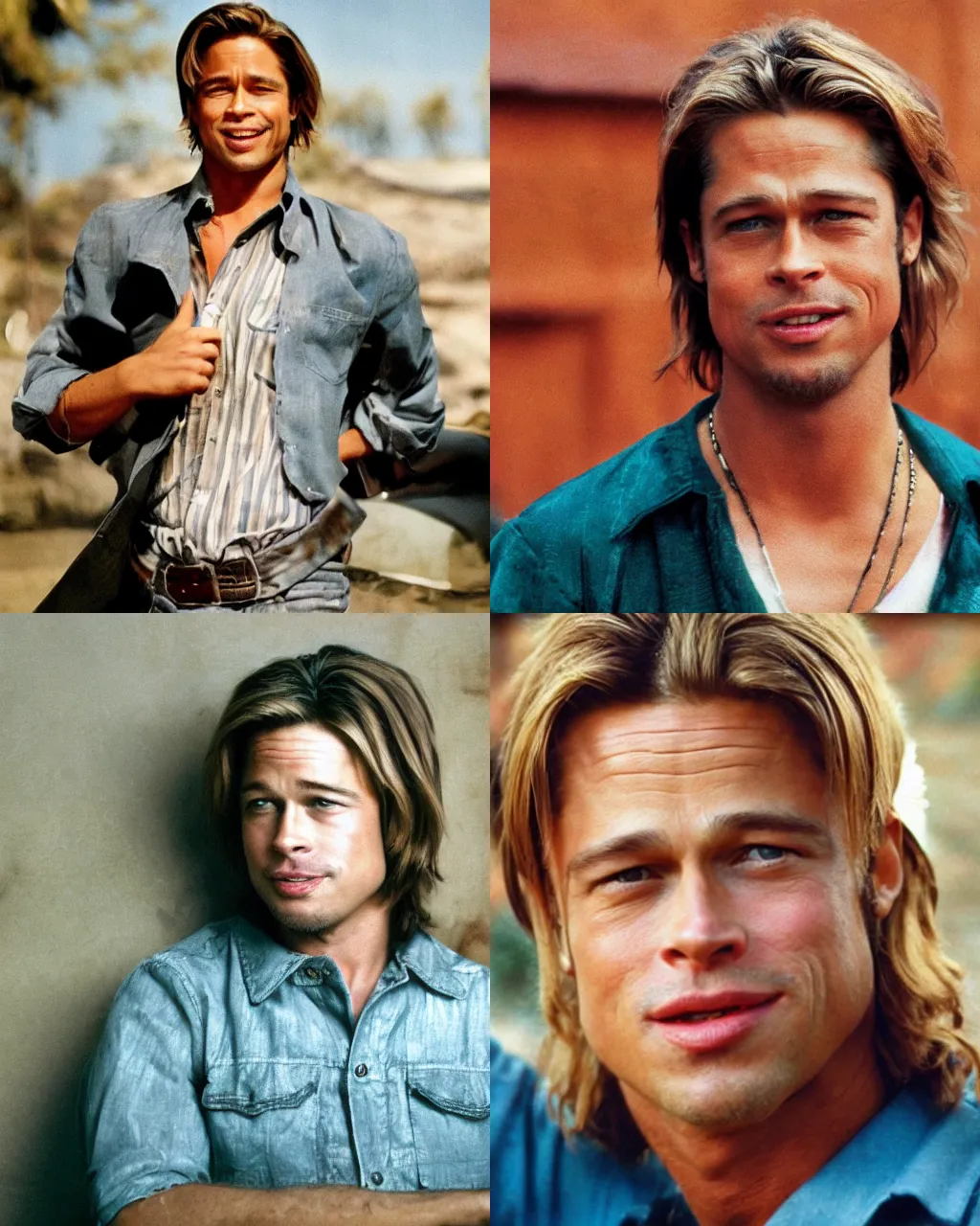 Medium shot of a young happy Brad Pitt in the style of | Stable ...