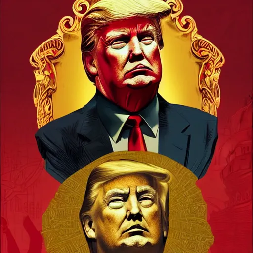 Prompt: Donald Trump an extremely communist poster, Stalinist propaganda face, detailed, intricate, elegant, highly detailed, digital painting, artstation, concept art, smooth, sharp focus, illustration, art by Sam Spratt, Dan Mumford, Artem Demura and Alphonse Mucha