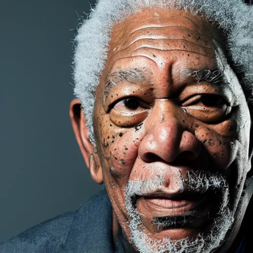 Image similar to a studio photograph of Morgan Freeman dressed as Travis Scott, 40mm lens, shallow depth of field, split lighting