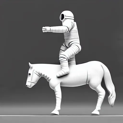 Image similar to an astronaut standing on the ground and a small trippy aggressive centaur standing on that poor human being standing on all fours astronaut raising his arms up, really trying to ride it, the horse is on his shoulders and grabbing them, minimalist style, 3 d render, isometry