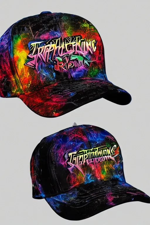 Image similar to fashion photo of one baseball cap, band merchandise, bandname is tripmachine, tourname is invasion of the tripmachines, realistic digital art, printed with a 3 d render of a huge futuristic steampunk generator, 8 k, fluorescent colors, halluzinogenic, multicolored, exaggerated detailed, unreal engine