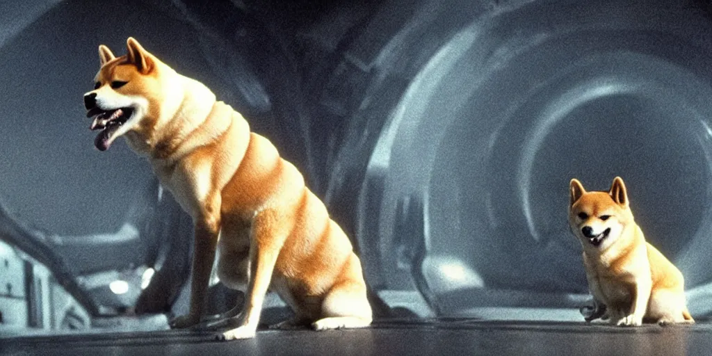 Image similar to a screenshot of the alien movie in 1 9 7 9 but the alien is a shiba inu dog