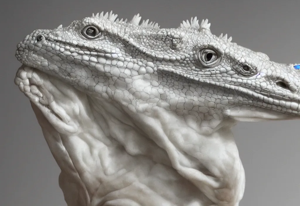 Image similar to photograph of a sculpture on marble white of a iguana , made from Gian Lorenzo Bernini, artstation, hyper realistic, drammatic light