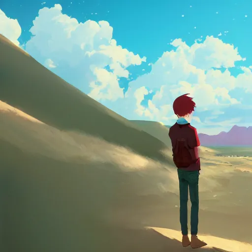 Image similar to red haired teen boy, desert in the background, highly detailed, digital painting, by makoto shinkai and thomas kindle and James gilleard