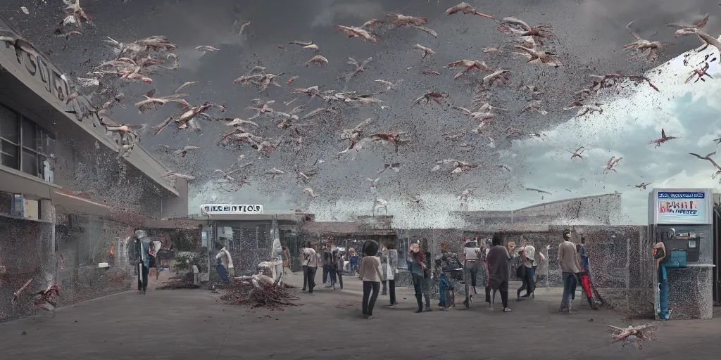 Prompt: realistic cinematic views of a Orwellian Costco with dead fish falling from the sky in front of an immigration booth, hyper detailed, terror glows, hyper realistic, digital painting, 8k, 35mm film grain, octane render