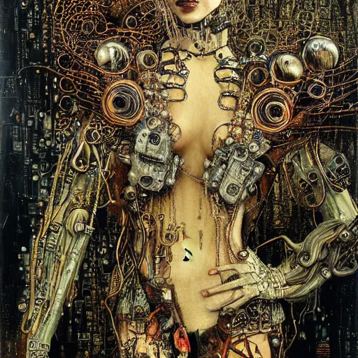 Image similar to depraved cybernetic demon, circuitry, intricate detail, klimt, royo,