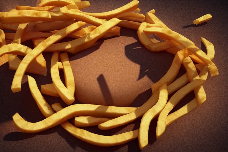 Prompt: a commercial with a 3d rendered snake spitting french fries, commercial, 3d render, Mc donalds, 4k, sharp, by Beeple, Octane Render, cinema 4d