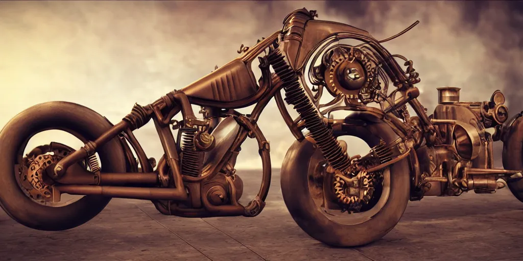 Image similar to steampunk american muscle motorcycle, photorealistic, 3 d rendering, cute, unreal engine, bokeh