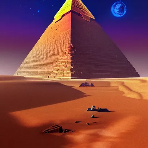 Image similar to cyberpunk pyramids in egypt by paolo eleuteri serpieri and tomer hanuka and chesley bonestell and daniel merriam and tomokazu matsuyama, unreal engine, high resolution render, featured on artstation, octane, 8 k, highly intricate details, vivid colors