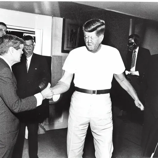 Image similar to president kennedy shaking hands with an alien from outer space