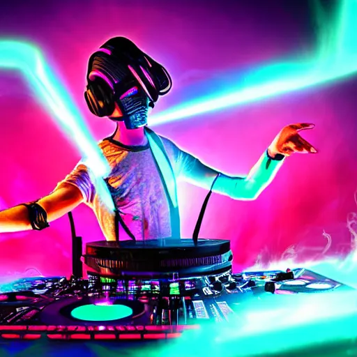 Prompt: futuristic DJ on stage in a cyberpunk, psychedelic effects and symmetric lights and smoke, opening a portal to another dimension, hyperrealistic, 8k