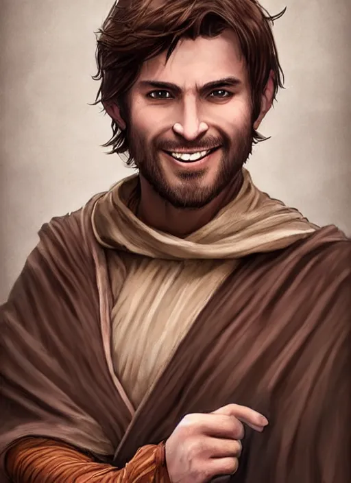 Image similar to a brown haired young man with stubble, short hair, wearing brown jedi robes, smiling, close up, portrait style, star wars atmosphere, photographic print, artgerm, hyper - realistic