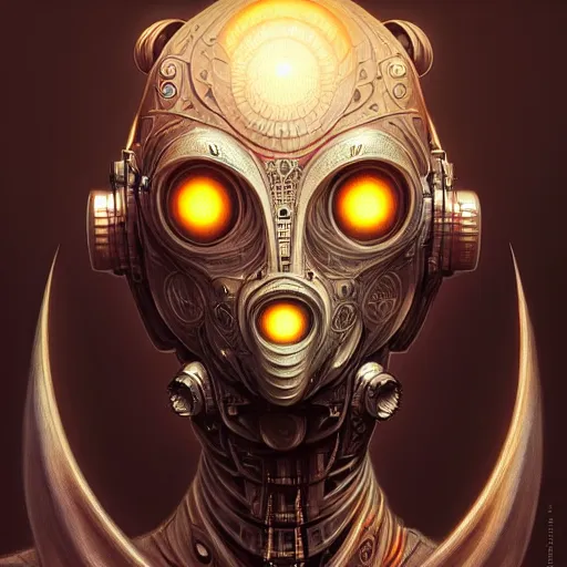 Image similar to low angle shot of a fractal cyberpunk gazmask robot character, intricate, elegant, highly detailed, centered, digital painting, artstation, concept art, smooth, sharp focus, illustration, artgerm, Tomasz Alen Kopera, Peter Mohrbacher, donato giancola, Joseph Christian Leyendecker, WLOP, Boris Vallejo