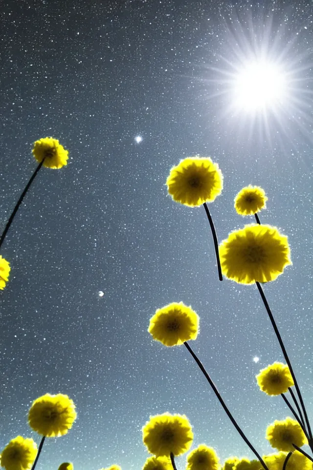 Prompt: low angle. field of big frozen yellow flowers. two moons in zenith. starfield and galactics in the sky. double moon. galactics in the sky. wide angle. lens flare, bokeh