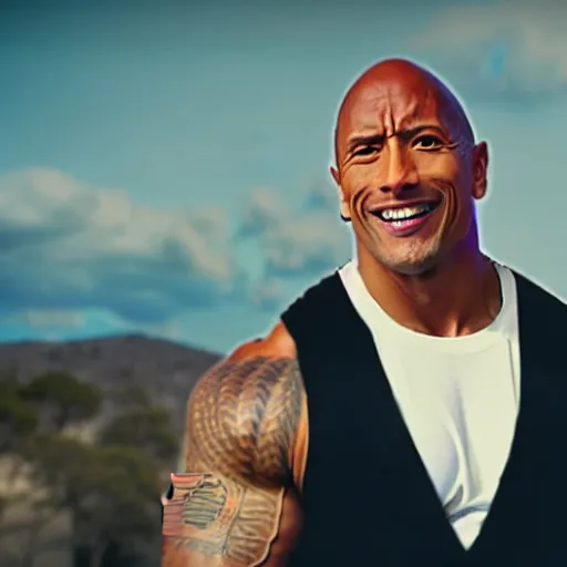 Prompt: dwayne johnson sitting in a chair while everything burns around him