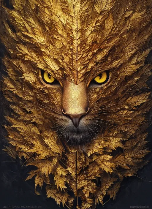 Prompt: golden leaves at frame border, creative!!! composition for a book cover, absurdly beautiful, ultrafine hyperrealistic detailed animal face by wlop and artgerm and greg rutkowski, intricate linework, sharp focus, smooth, octopath traveler, final fantasy, unreal engine, dramatic lighting, ethereal, 8 k