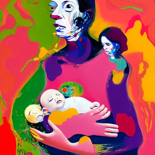 Image similar to woman holding a baby, an ultrafine detailed painting by peter max and francis bacon and fiona rae and hernan bas and anna mond, featured on deviantart, metaphysical painting, biomorphic, mixed media, photorealistic, dripping paint, palette knife texture, masterpiece