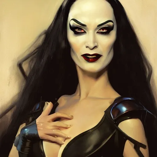 Image similar to greg manchess portrait painting of partially armored morticia from addams family as overwatch character, medium shot, asymmetrical, profile picture, organic painting, sunny day, matte painting, bold shapes, hard edges, street art, trending on artstation, by huang guangjian and gil elvgren and greg rutkowski