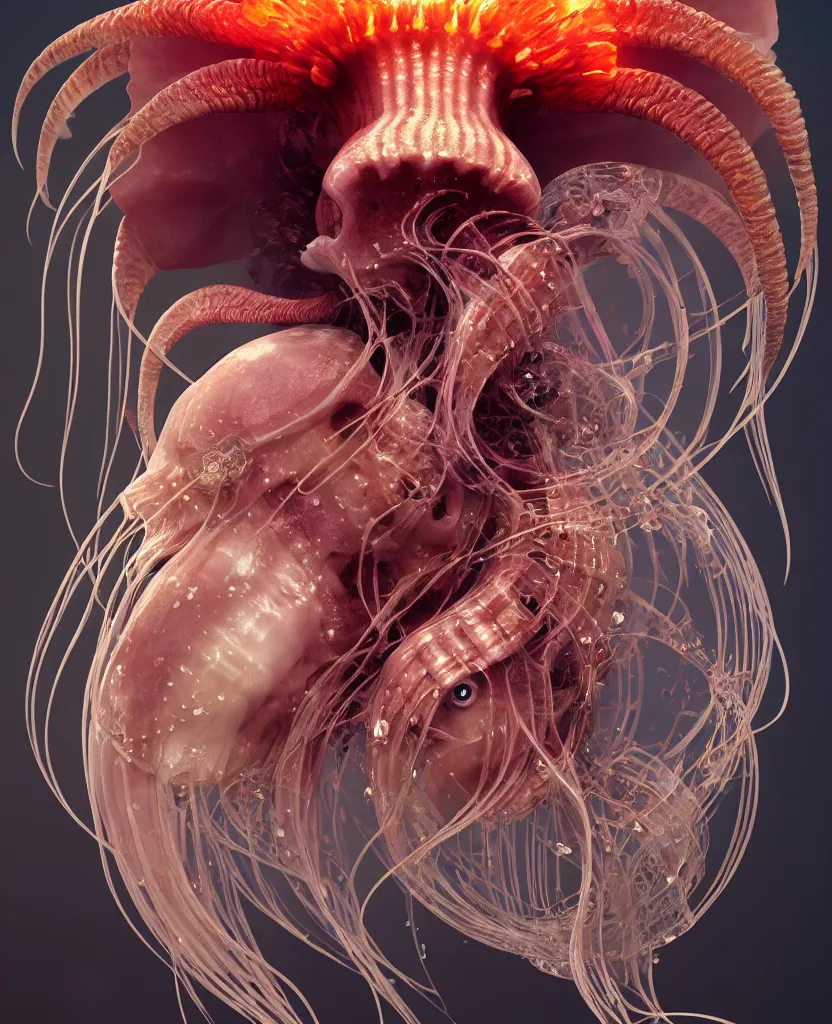 Image similar to goddess close-up portrait ram skull. jellyfish phoenix head, nautilus, orchid, ram skull, betta fish, bioluminiscent creatures, intricate artwork by Tooth Wu and wlop and beeple. octane render, trending on artstation, greg rutkowski very coherent symmetrical artwork. cinematic, hyper realism, high detail, octane render, 8k