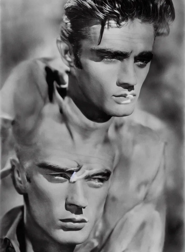 Prompt: genetic combination of james dean, elvis presley, sean connery, and boris karloff. long face, tall man, gaunt, handsome, beautiful, striking, chiseled. prominent cheekbones, deep dimples, strong jaw. soft lighting, full color, ultra detailed, color photography, high definition