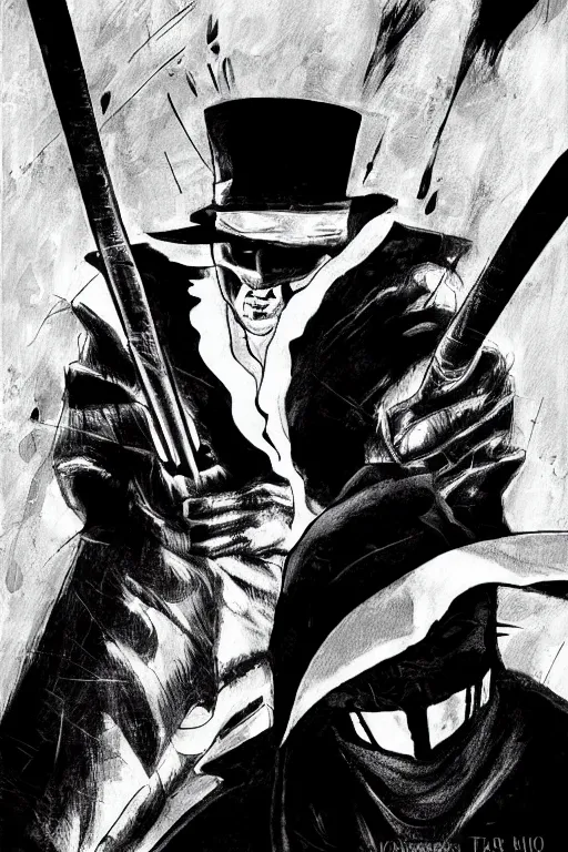 Image similar to black and white illustration of El Zorro, neo noir style, Frank Miller creative design, Josep Tapiró Baró