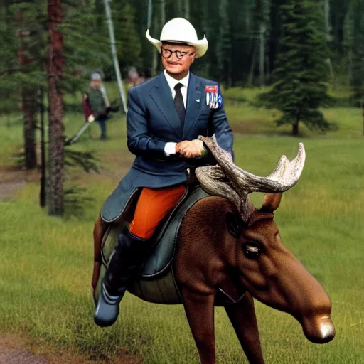 Prompt: portrait of carl xvi gustaf riding a moose into battle