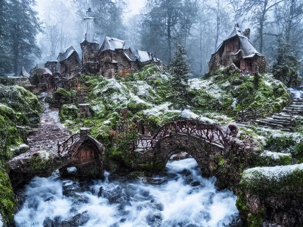 Image similar to medieval hobbit home, ornate, beautiful, atmosphere, vibe, mist, smoke, chimney, rain, wet, pristine, puddles, waterfall, melting, snow, creek, lush, ice, bridge, forest, flowers, james jean