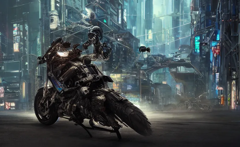 Image similar to Cyberpunk yamaha motorcycle, hyperrealistic mixed media, stunning 3d render inspired art by P. Craig Russell and Barry Windsor-Smith + perfect facial symmetry + dim volumetric lighting, 8k octane beautifully detailed render, post-processing, extremely hyperdetailed, intricate futuristic mechanic parts, epic composition, grim yet sparkling atmosphere, cinematic lighting + masterpiece, trending on artstation