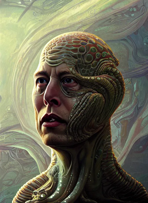 Prompt: elon musk as slimy mollusk character, drool, full length portrait!!!, intricate, elegant, highly detailed, digital painting, artstation, concept art, wallpaper, smooth, sharp focus, illustration, art by h. r. giger and artgerm and greg rutkowski and alphonse mucha