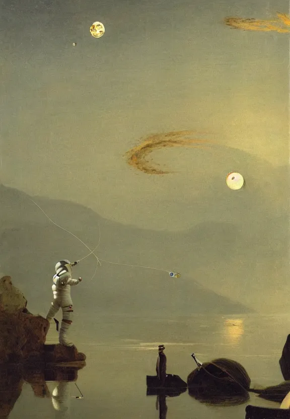 Image similar to astronaut in a spacesuit fishing and catching fish with a fishing rod from the crescent of the moon, realism, landscape